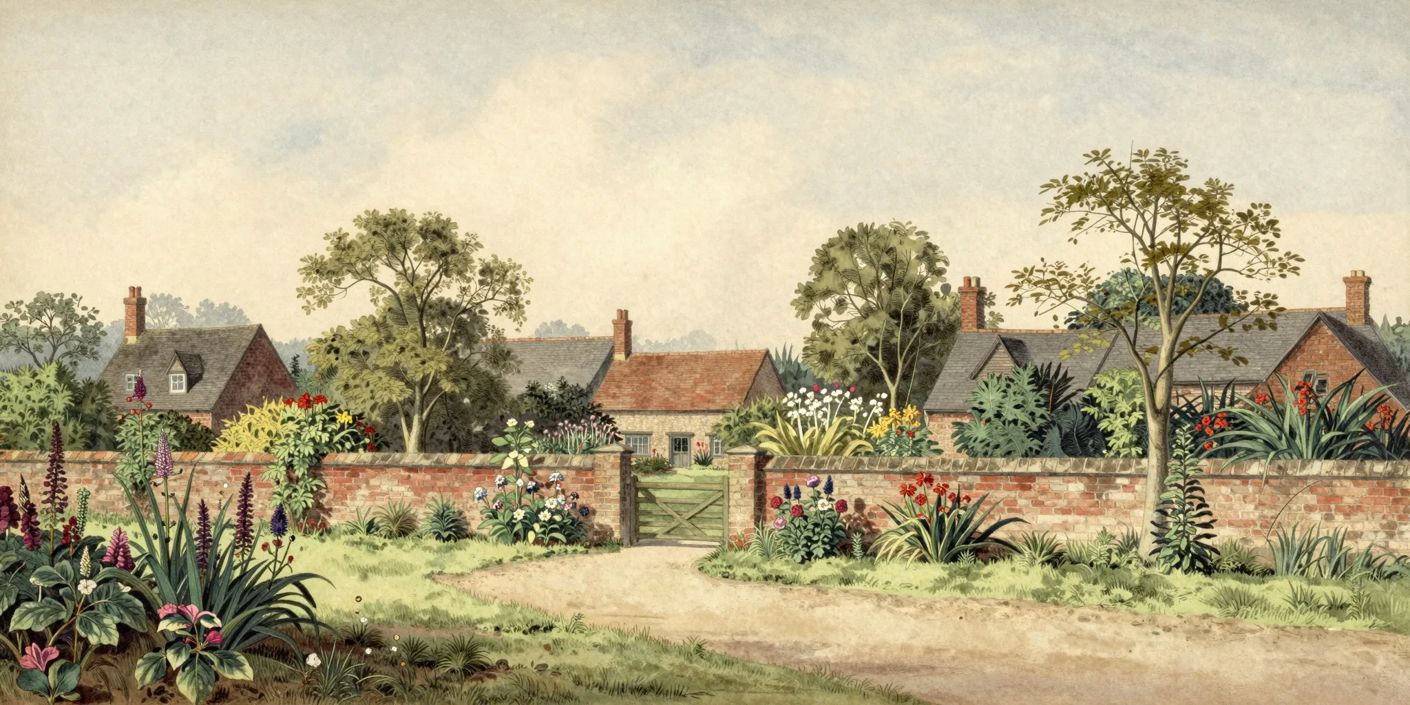 Watercolour landscape of a garden habitat.