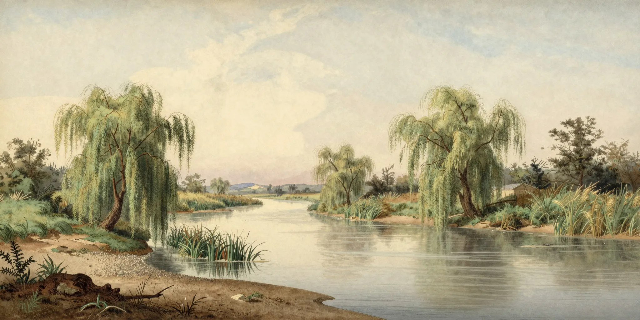 Watercolour of a riverside habitat.