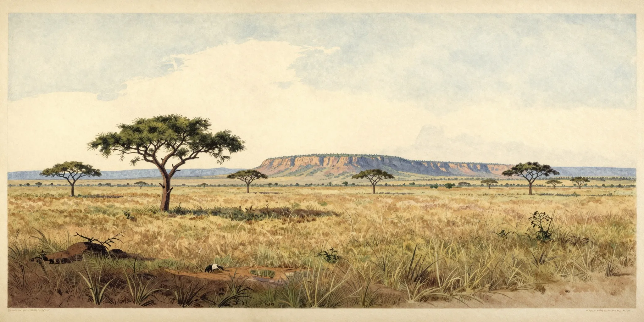 A distant watercolour of savanna, hinting at expeditions still to come.
