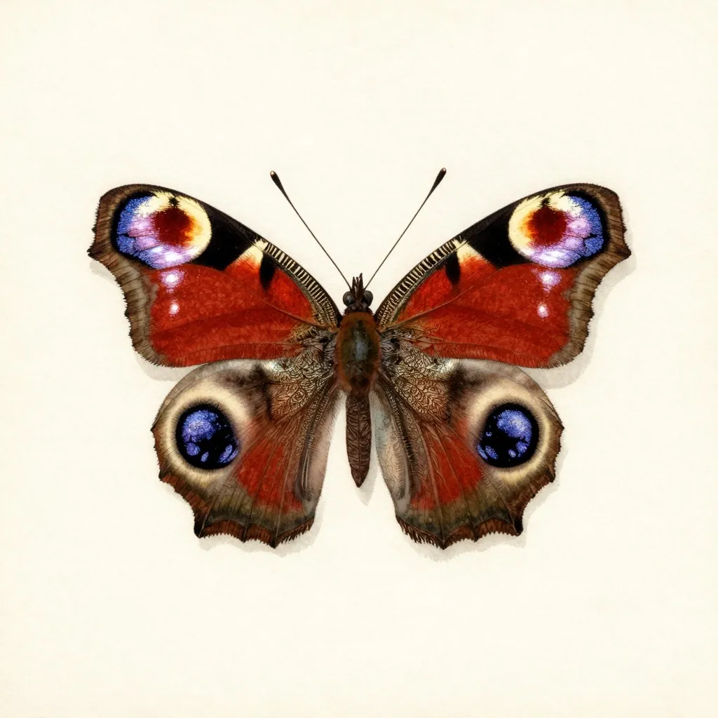 A watercolour plate of a peacock butterfly, Aglais io.